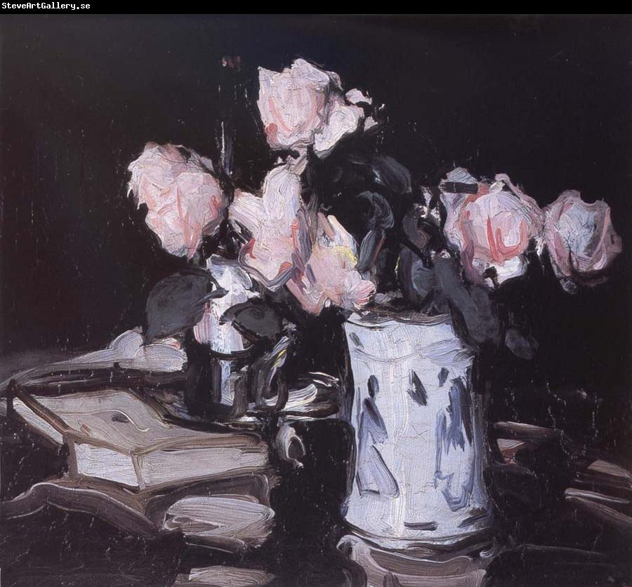 Samuel John Peploe Roses in a Blue and White Vase,Black Background